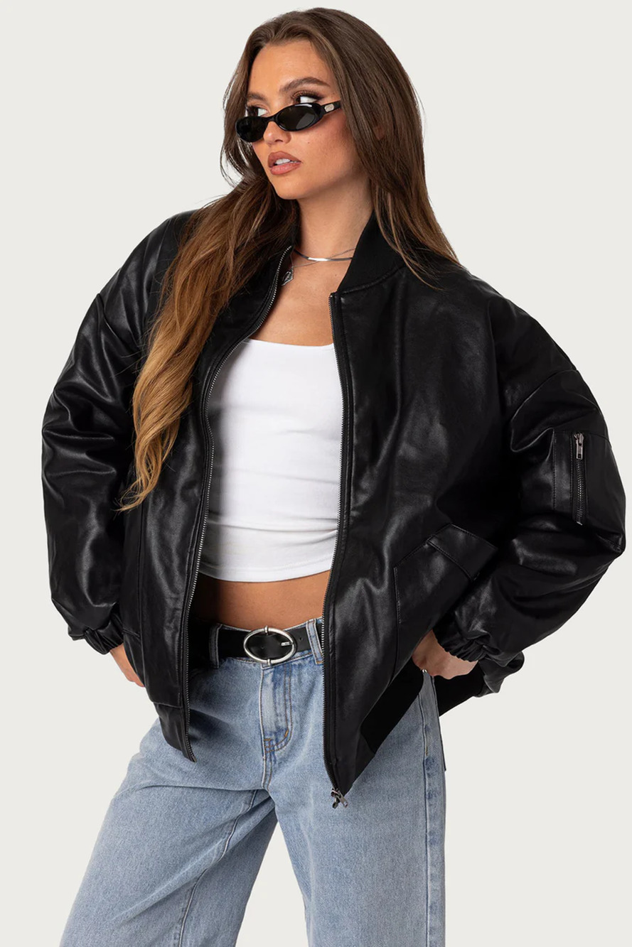 NEW Edikted Black Faux Leather Zip Up Biker Moto Oversized Bomber Jacket Size S